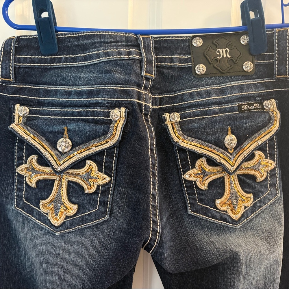 Miss Me Dark Blue Boot Cut Jeans with Gold Accents